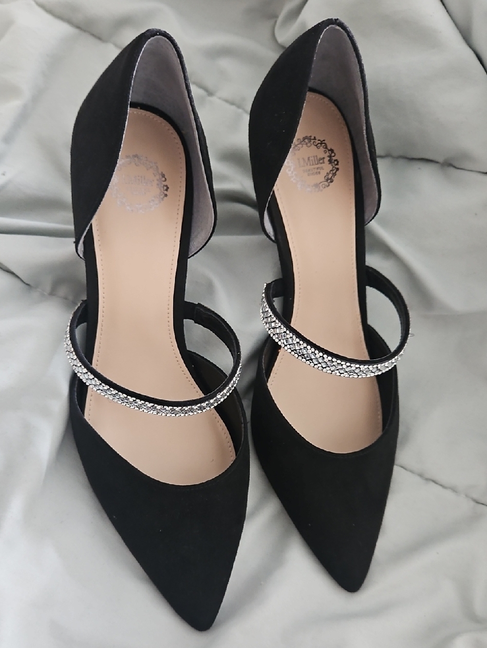 Black Pointed Pumps with Rhinestone Strap